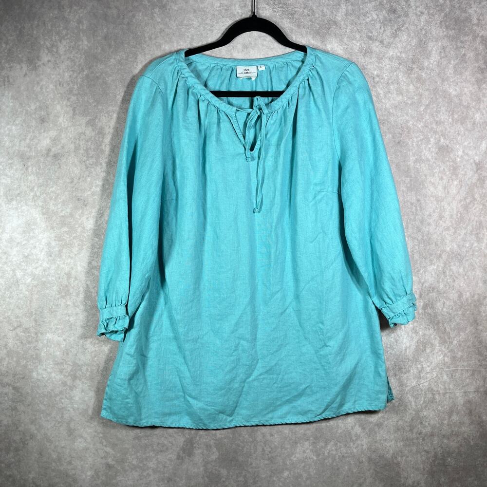 Hot Cotton Top Womens Large Green Linen 3/4‎ Sleeve Tunic Tie Neck Casual Travel